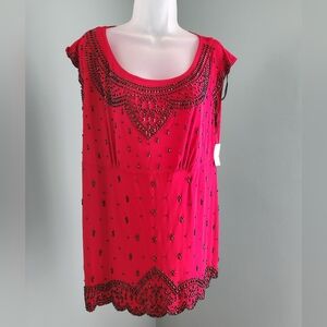 Dressbarn Collections Sz 14 Red Beaded Scoop Neck Cap Sleeve Top